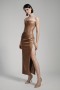 Everlasting Vegan Leather Dress In Camel | Women Bardot Cocktail & Party Dresses