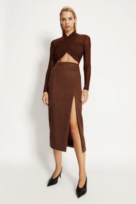 Dante Vegan Suede Midi Skirt In Chocolate | Women Bardot Skirts