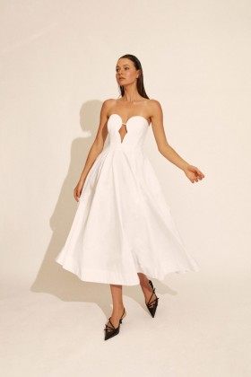 Opal Volume Poplin Midi Dress In Orchidwht | Women Bardot Day To Night Dresses