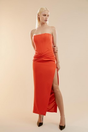 Saira Midi Dress In Orange Sorbet | Women Bardot Cocktail & Party Dresses