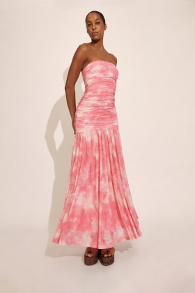 Solana Printed Mesh Maxi Dress In Pink Flora | Women Bardot Day To Night Dresses