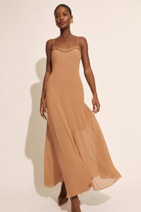 Tatian Frill Trim Maxi Dress In Tan | Women Bardot Day To Night Dresses