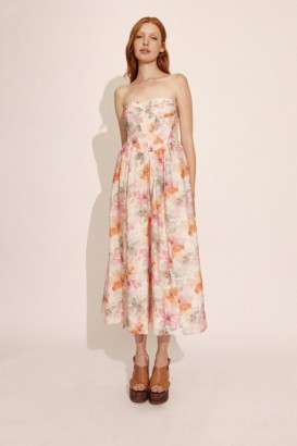 Lola Corset Midi Dress In Apricot Floral | Women Bardot Cocktail & Party Dresses