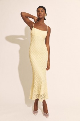 Vestido midi Adoni Mesh amarelo canário | Vestidos Bardot para ocasiões especiais