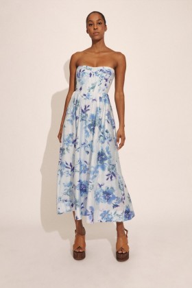 Vestido midi corset Lola em azul bebê | Vestidos femininos Bardot para coquetel e festa