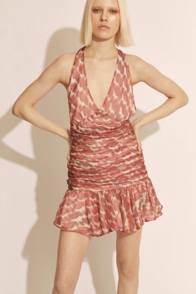  Vestido curto Mave com decote halter e bolinhas vermelhas | Vestidos femininos Bardot para coquetel e festa