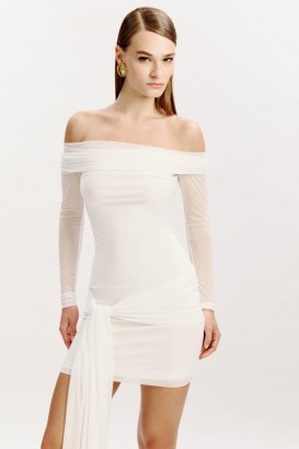  Vestido curto Fernanda Mesh em branco-orquídea | Vestidos femininos Bardot para coquetel e festa