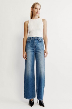  Jeans Leathan Claudina i nDeinim Dhorcha | Jeans Leathan Bardot do Mhná