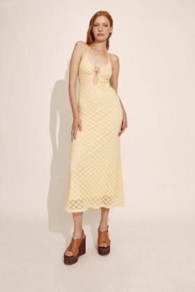  Gúna Maxi Rosala Halter Lace i mBuí Canáraí | Gúnaí Bardot do Mhná ó Lá go hOíche