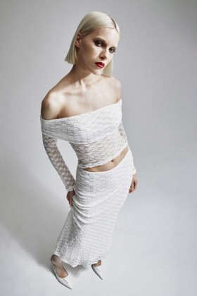 Top Adoni con spalle scoperte in bianco orchidea | Top alla moda Bardot da donna