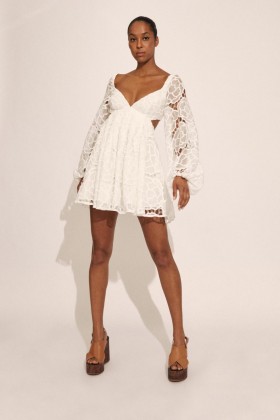 Jovie Babydoll Mini Dress In Orchidwht | Abiti da giorno e da sera da donna con scollo Bardot