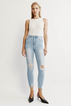  Khloe Hi Crop Jeans i mellomblå | Bardot Skinny Jeans for kvinner