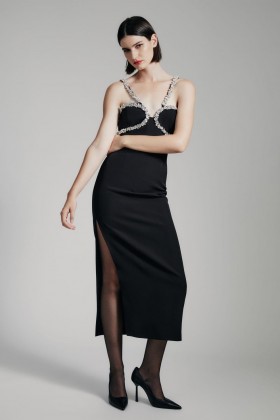  Rochie midi Amalia Diamante neagră | Rochii de cocktail și petrecere Bardot pentru femei