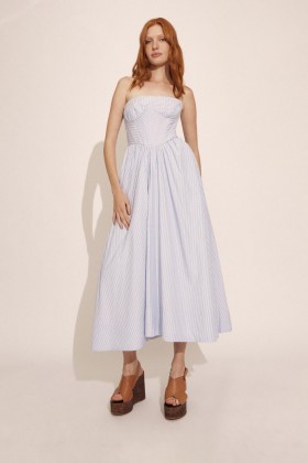  Rochie midi Lola cu corset și dungi albastre | Rochii de zi și de seară pentru femei cu model Bardot