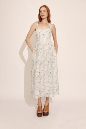  Vestido midi Adaline con bordado azul y blanco | Vestidos Bardot para mujer, día y noche