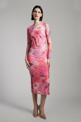  Vestido midi de malla Lena con estampado de flores silvestres | Vestidos Bardot para mujer, día y noche