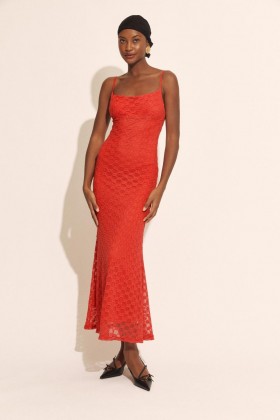  Adoni Mesh Midi-jurk in vuurrood | Dames Bardot-jurken voor overdag en 's avonds