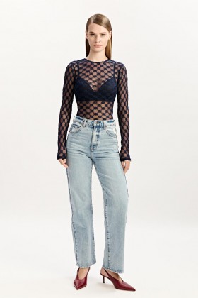 Adoni doorschijnende top met lange mouwen in marineblauw | Dames Bardot Fashion Tops