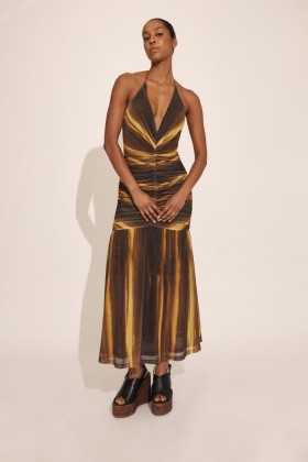  Aries Mesh Maxi-jurk in bruin omb | Dames Bardot-jurken voor overdag en 's avonds