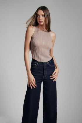  Merel gebreide tanktop in taupe | Dames Bardot tanktops en cami's