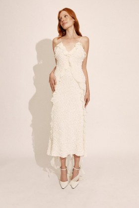  Marsella Ruffle Midi -mekko norsunluunvärisenä | Naisten Bardot-juhlamekot