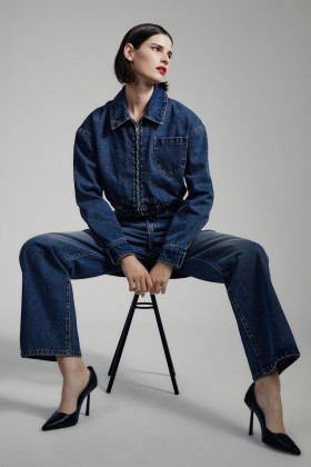 Veste bomber courte en jean indigo délavé | Vestes en jean Bardot pour femme