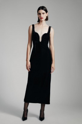 Robe mi-longue Brooklyn en velours noir | Robes de cocktail et de soirée Bardot pour femme