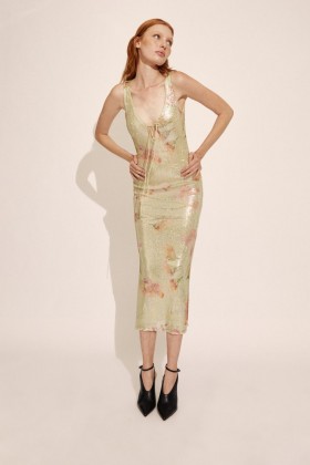  Eloda – Midikleid mit Pailletten und Blumenmuster in Grün | Bardot-Cocktail- und Partykleider für Damen