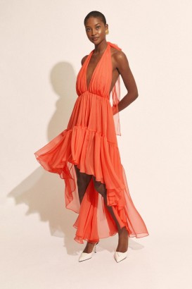  Leona High Low Rüschenkleid in Feuerrot | Bardot-Kleider für besondere Anlässe