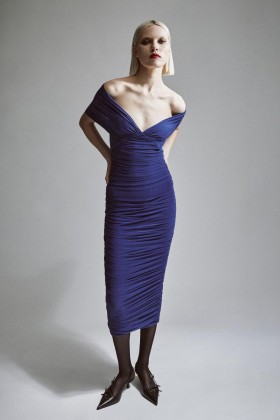  Φόρεμα Vespera Mesh Midi σε Royal Blue | Γυναικεία Φορέματα Bardot για Κοκτέιλ και Πάρτι